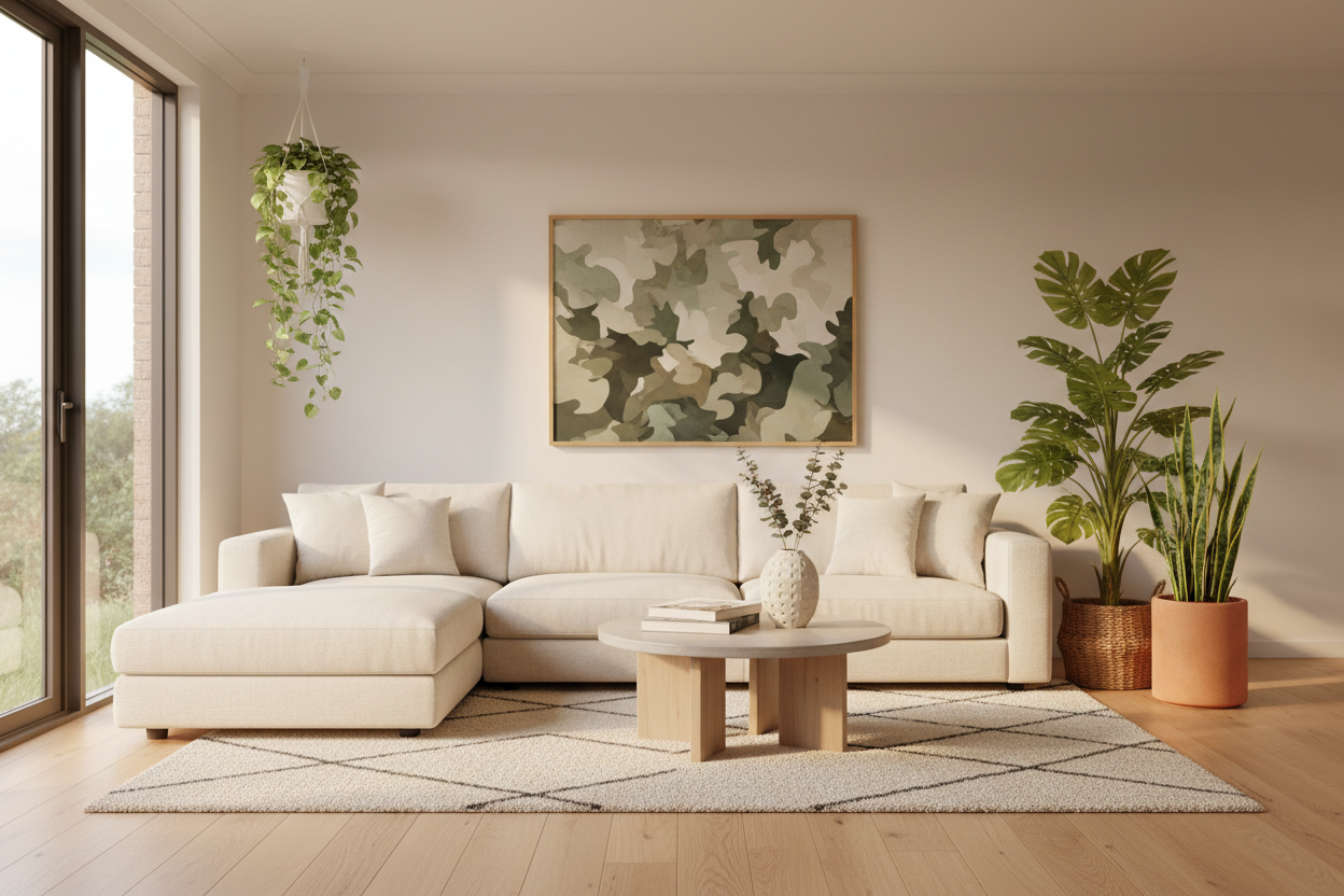 Realistic faux indoor plants including a monstera, snake plant and hanging pothos styled in a modern Australian living room