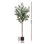 Artificial olive tree with dimensions indicated on a white background