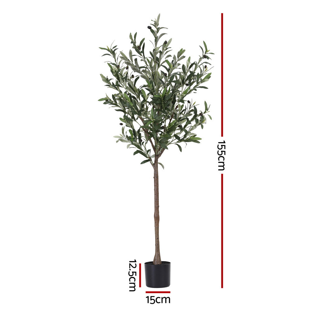 Artificial olive tree with dimensions indicated on a white background