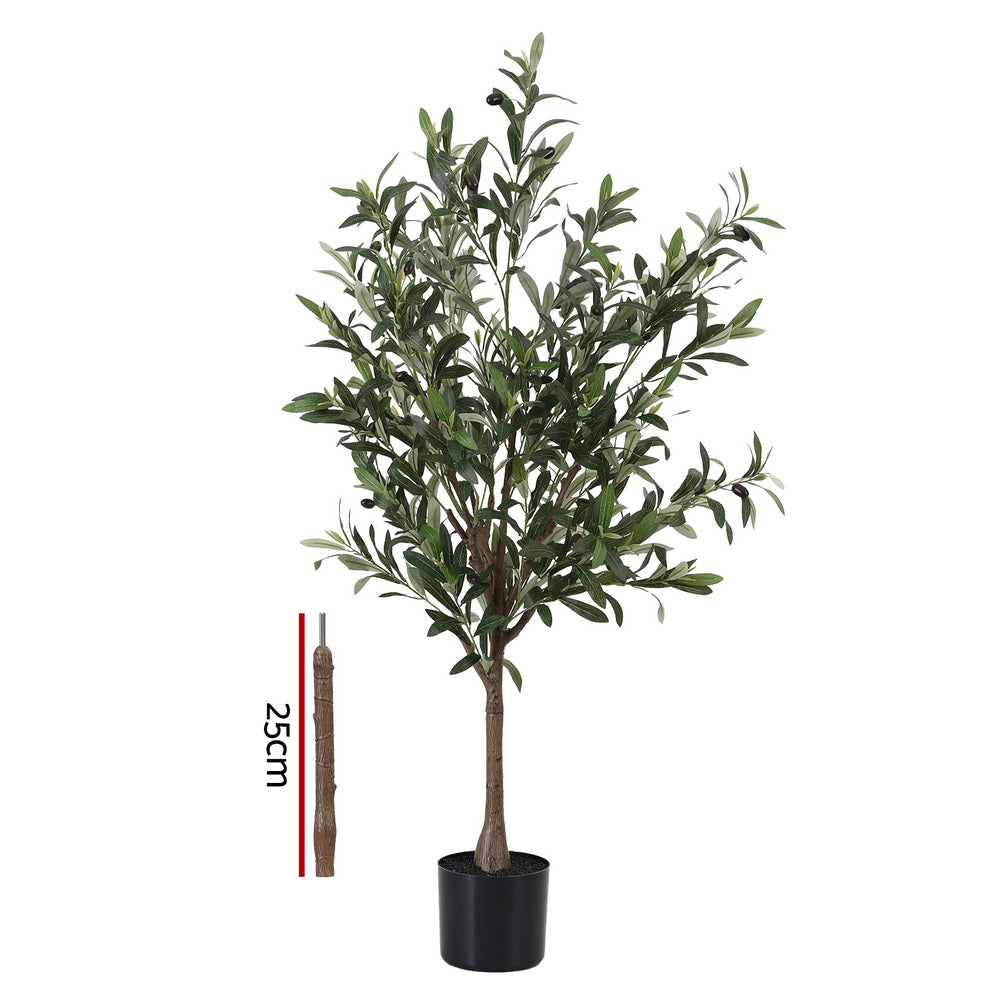 Artificial olive tree with a measurement stick on a white background