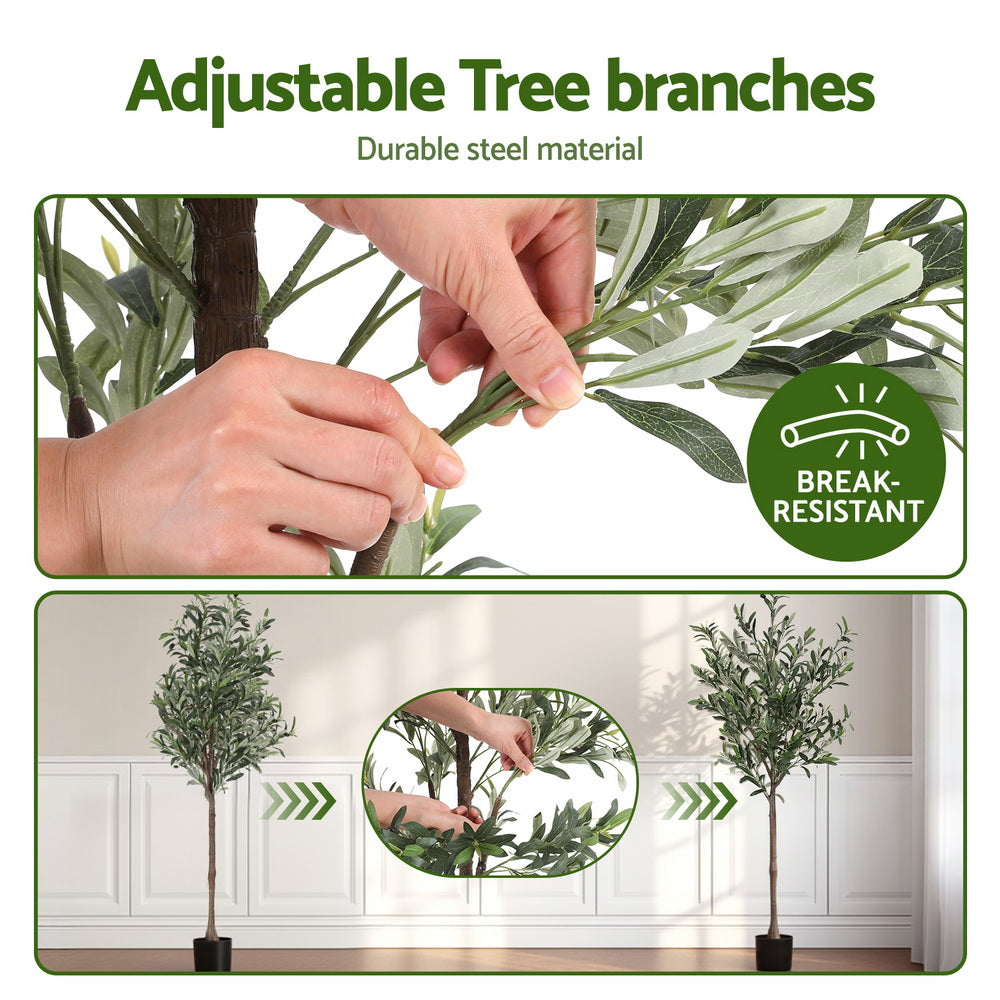 Adjustable tree branches with hands adjusting leaves, indoor setting.