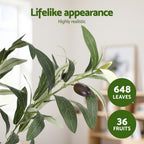 Artificial plant with 648 leaves and 36 fruits, labeled 'Lifelike appearance' and 'Highly realistic'.