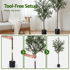 Two artificial olive trees with height adjustment features in a living room setting.