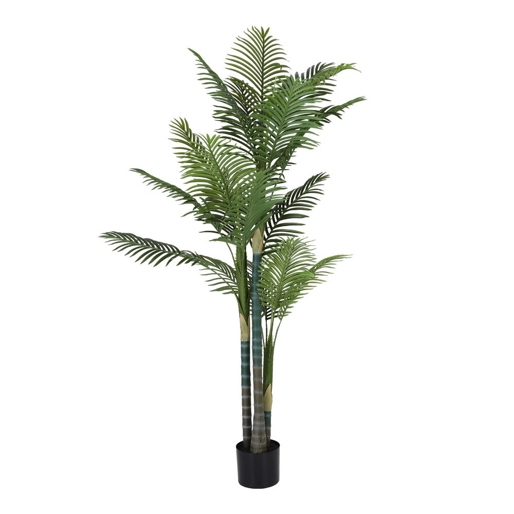 Potted artificial palm tree on a white background