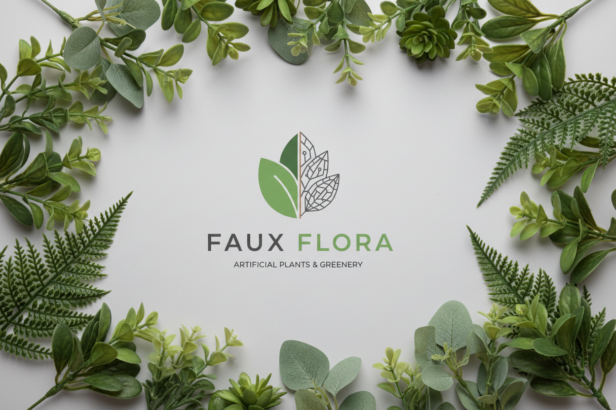 Logo for Faux Flora, an artificial plants and greenery company, featuring stylized leaves on a white background.