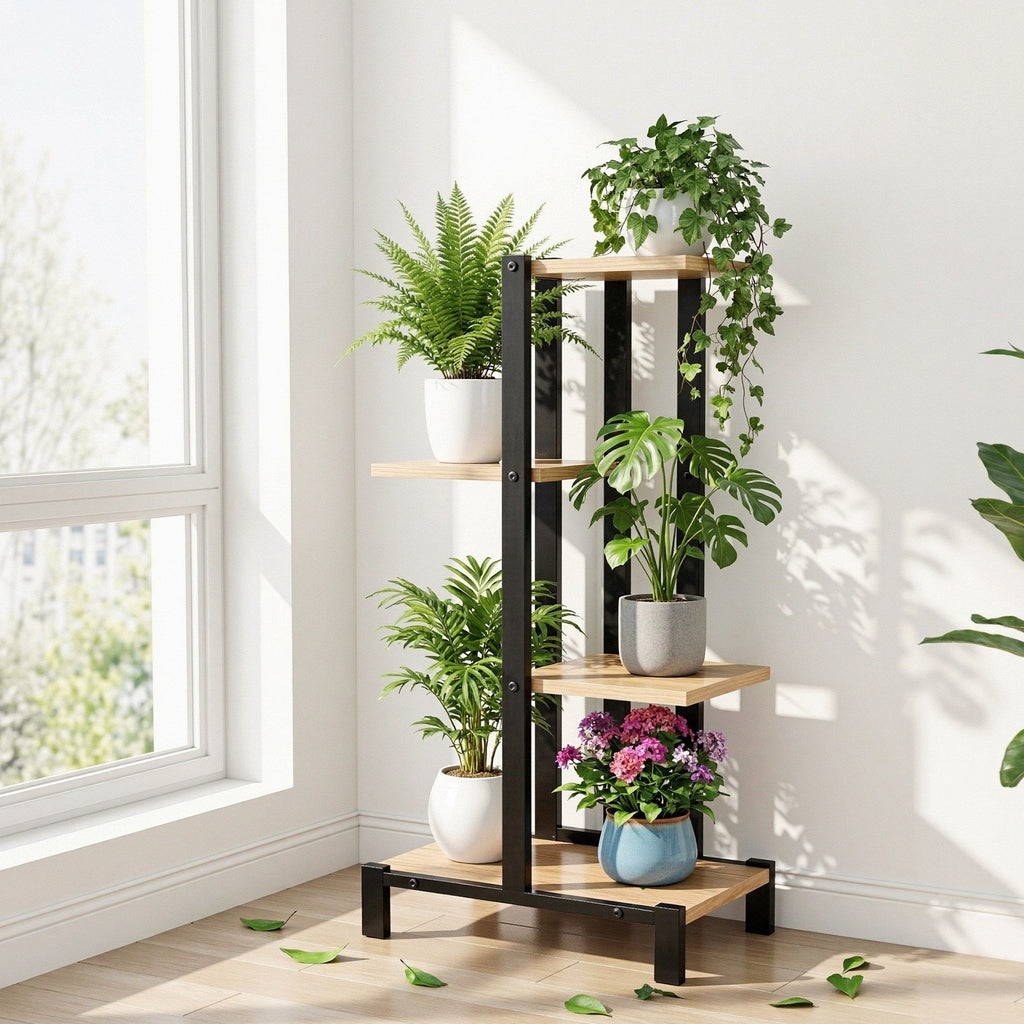 4-Tier Zigzag Plant Stand - Black & Oak 75cm
