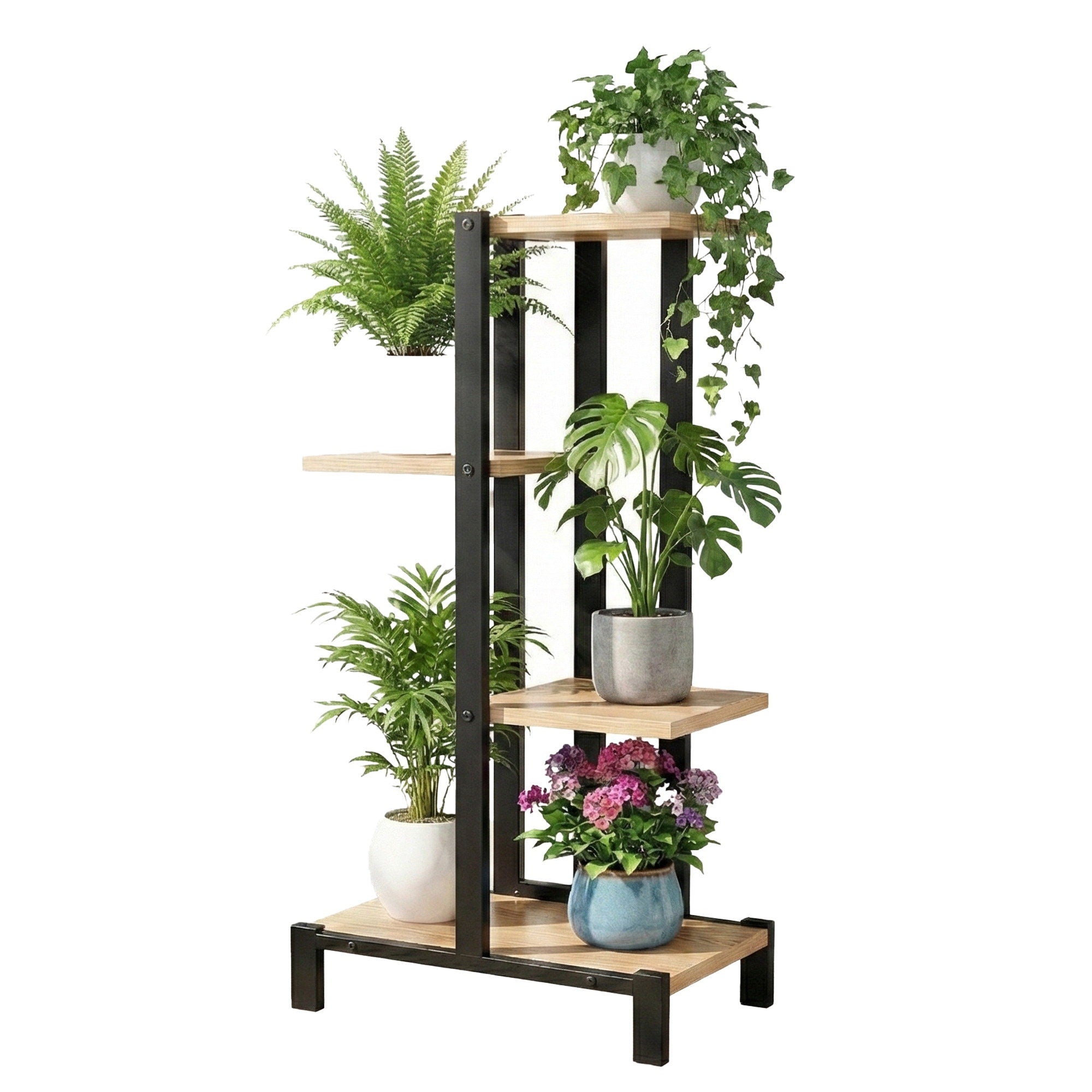 4-Tier Zigzag Plant Stand - Black & Oak 75cm