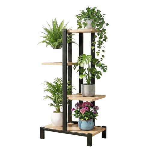 4-Tier Zigzag Plant Stand - Black & Oak 75cm