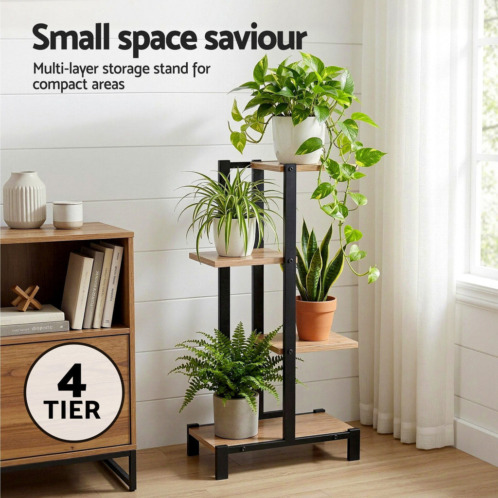 4-Tier Zigzag Plant Stand - Black & Oak 75cm