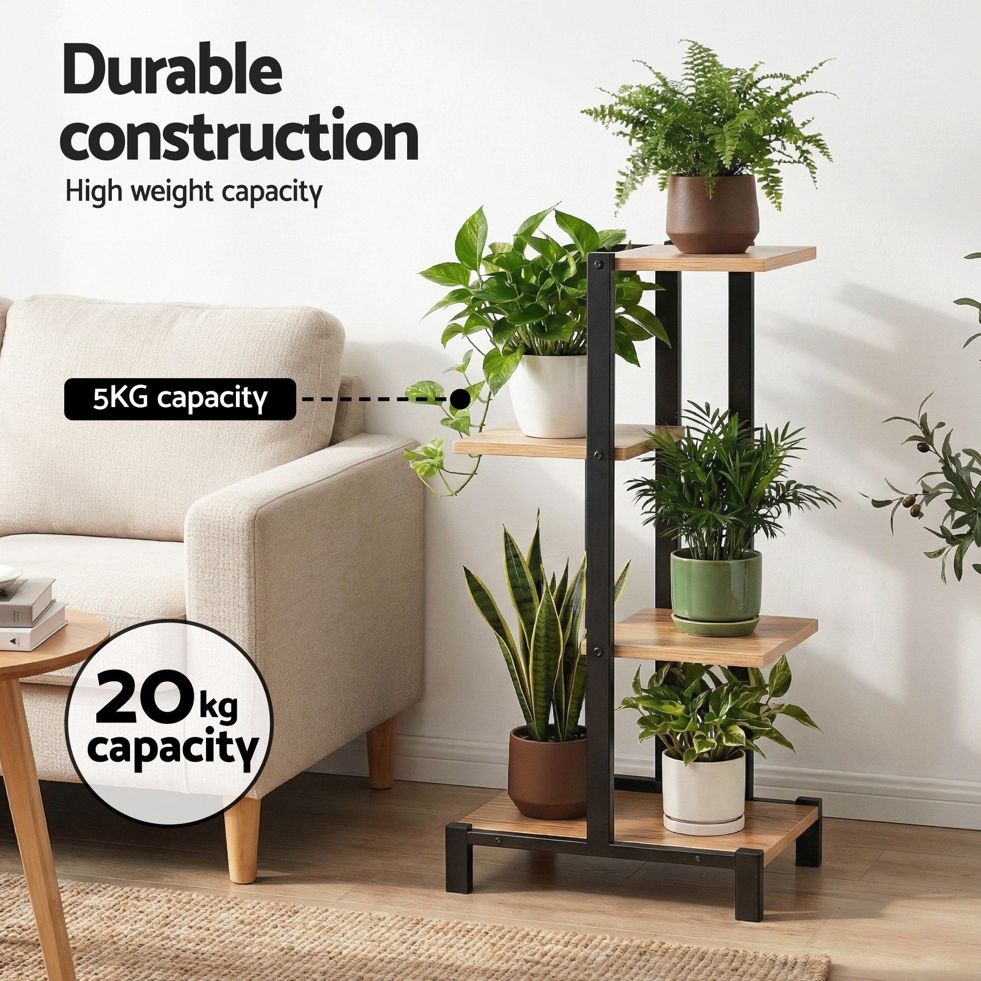 4-Tier Zigzag Plant Stand - Black & Oak 75cm