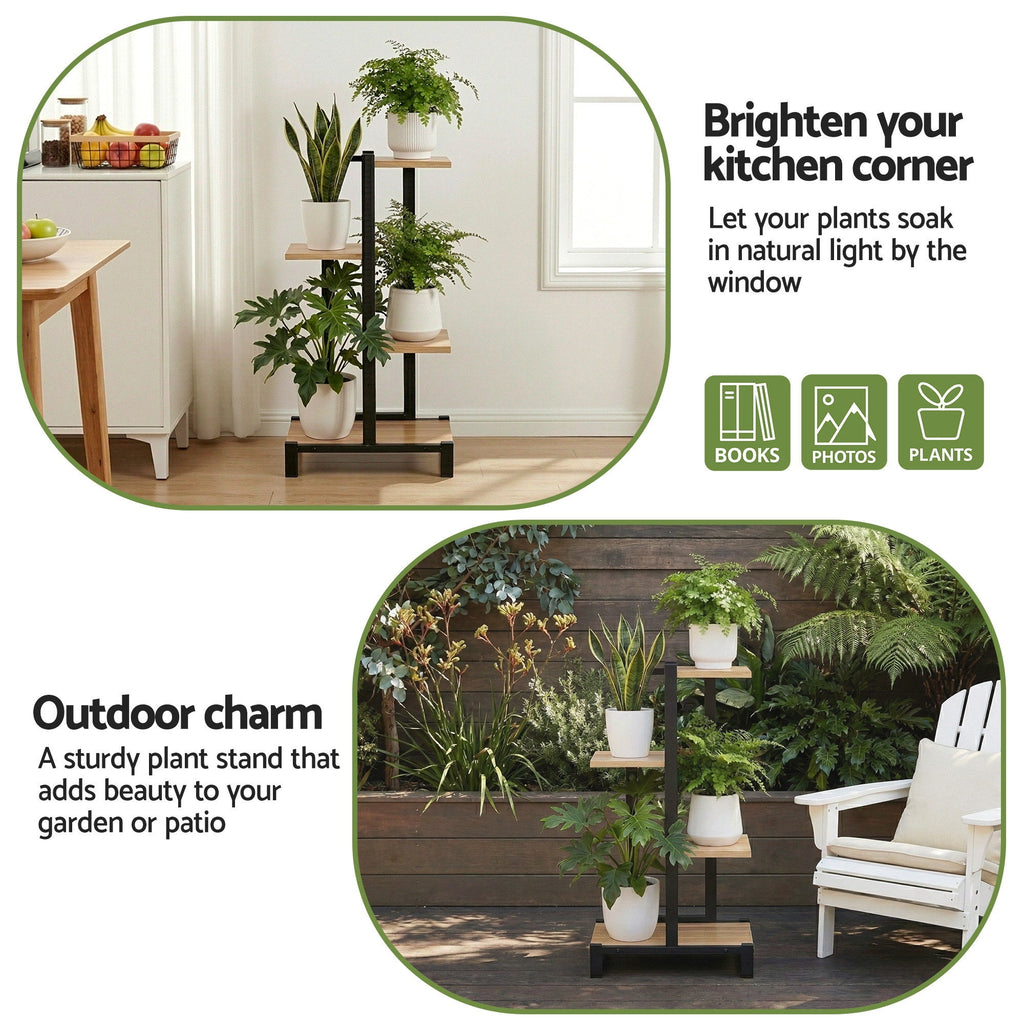 4-Tier Zigzag Plant Stand - Black & Oak 75cm