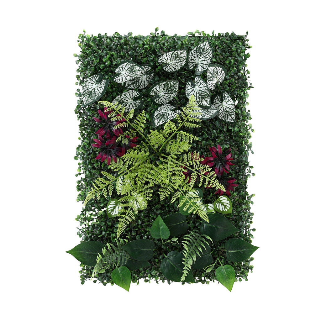 Artificial vertical garden wall with various green plants on a white background