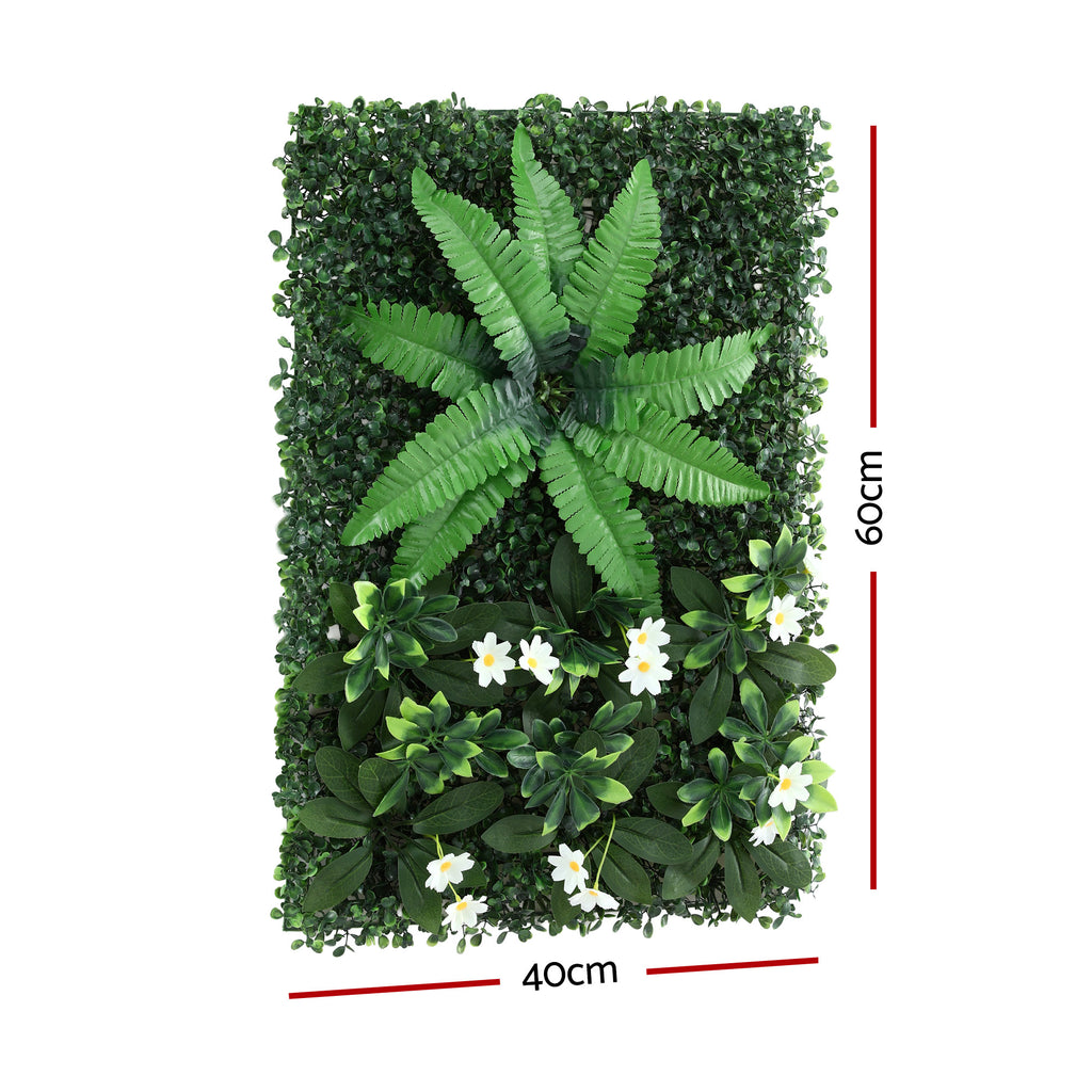 Artificial green wall panel with plants and flowers, showing dimensions on a white background