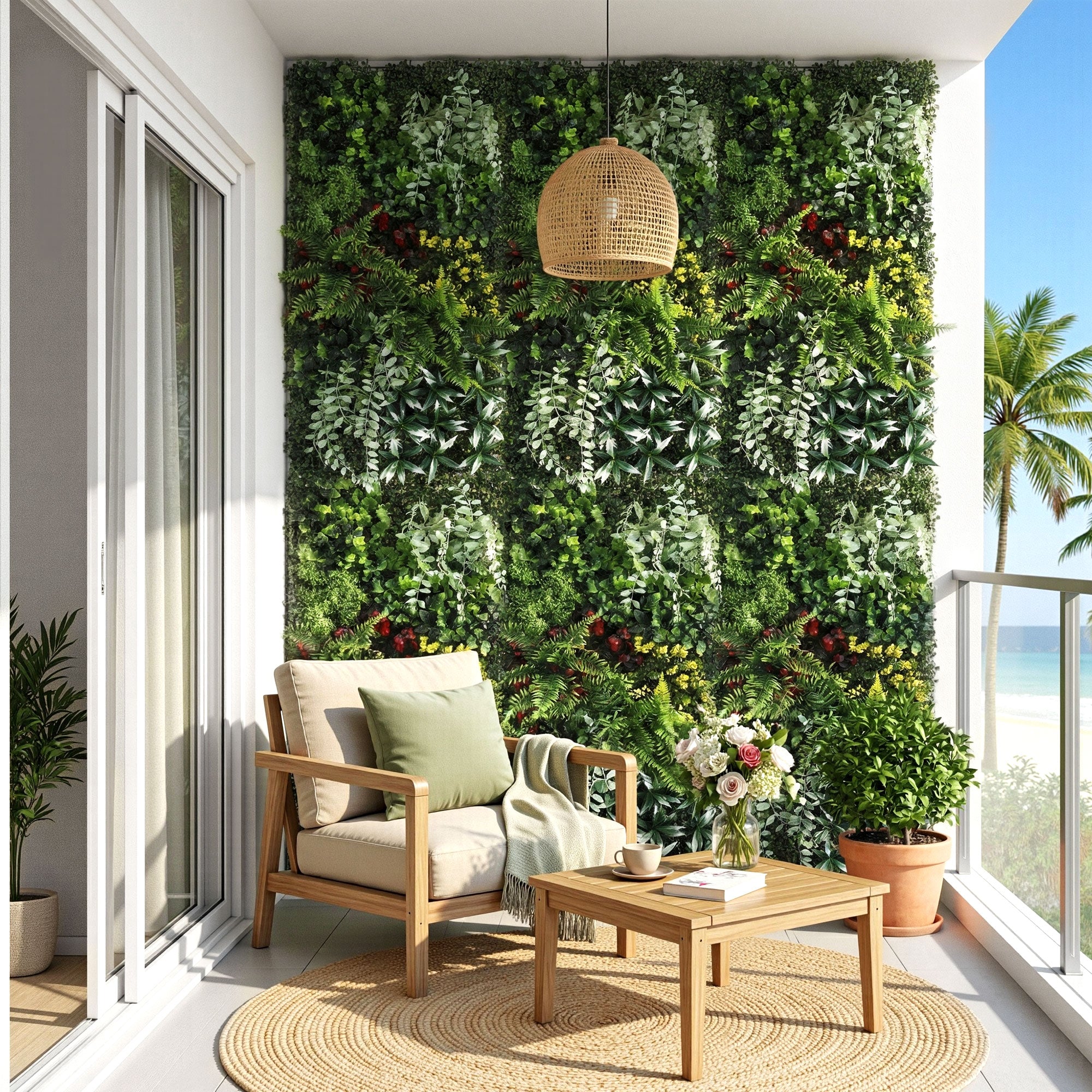 Outdoor patio with a living wall, wooden chair, and table with a view of the ocean.