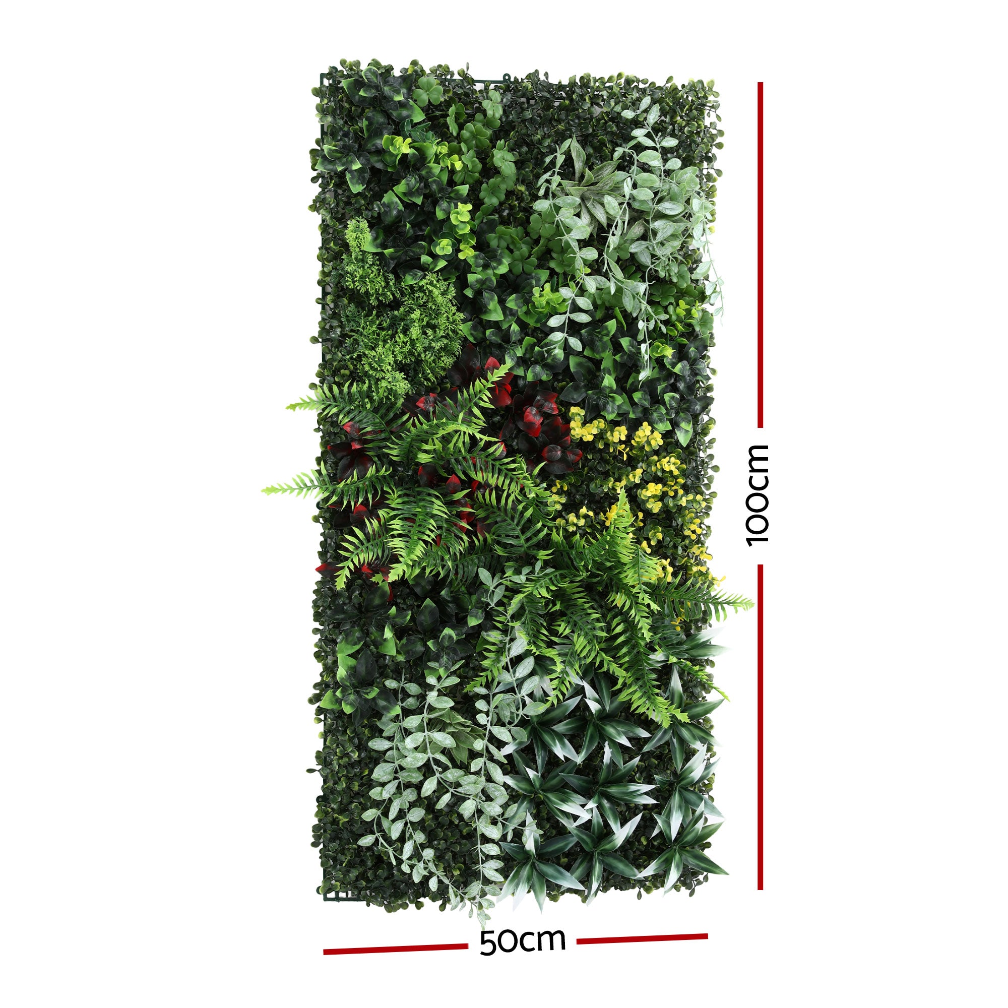 Artificial vertical garden panel with dimensions on a white background