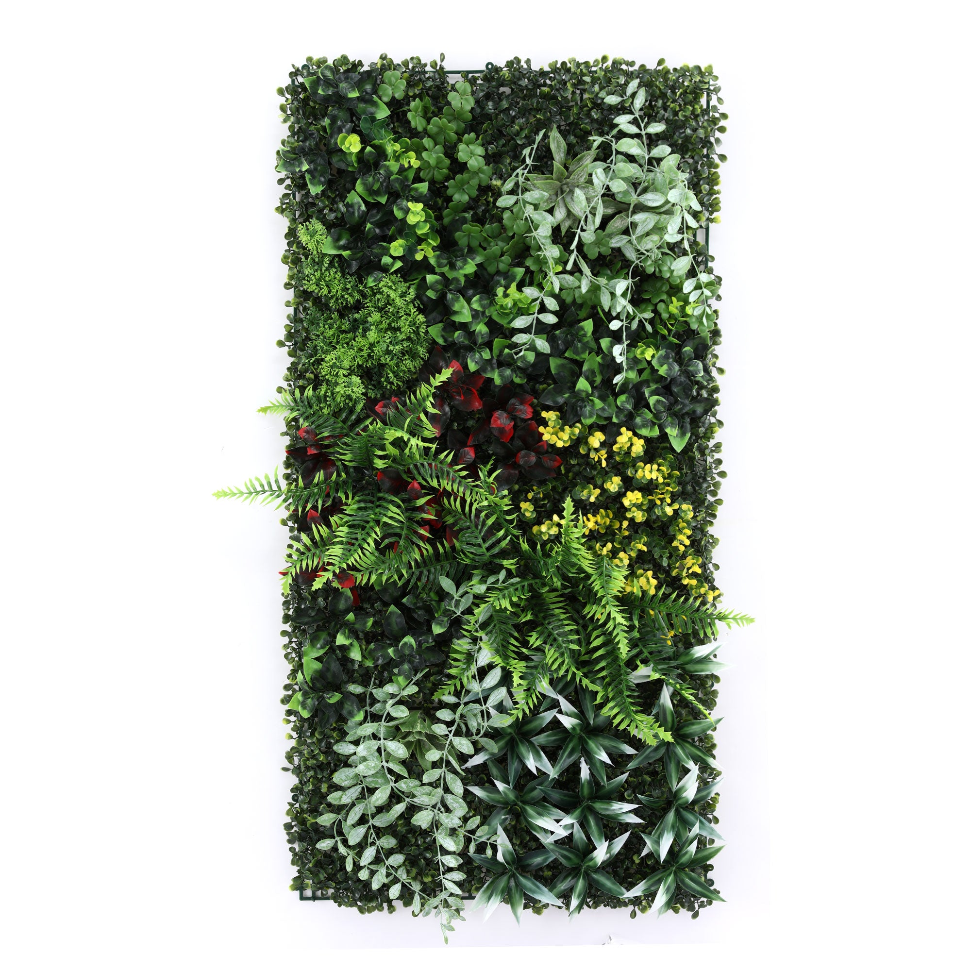 Artificial vertical garden panel with various green plants on a white background