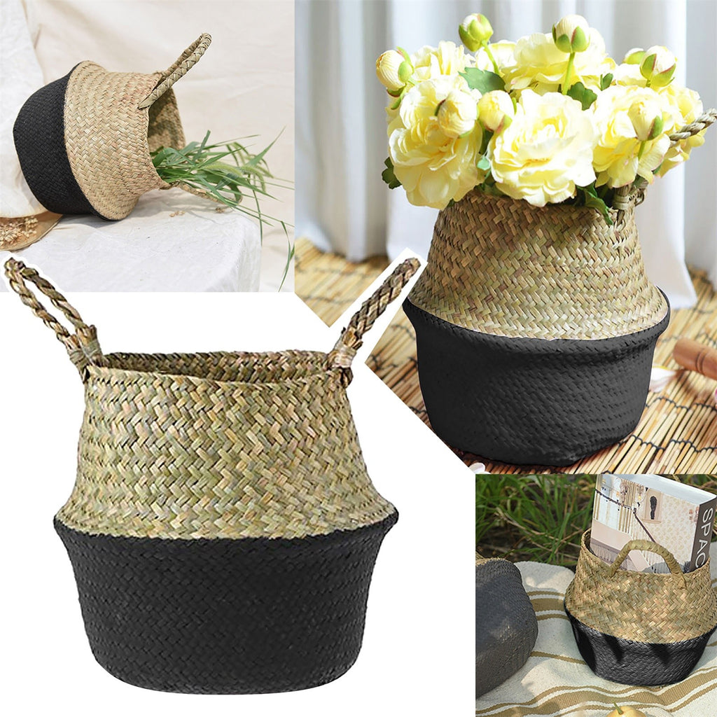 Small Handwoven Natural Seagrass Belly Basket (Small - 20cm x 22cm) | Foldable Plant Pot Cover