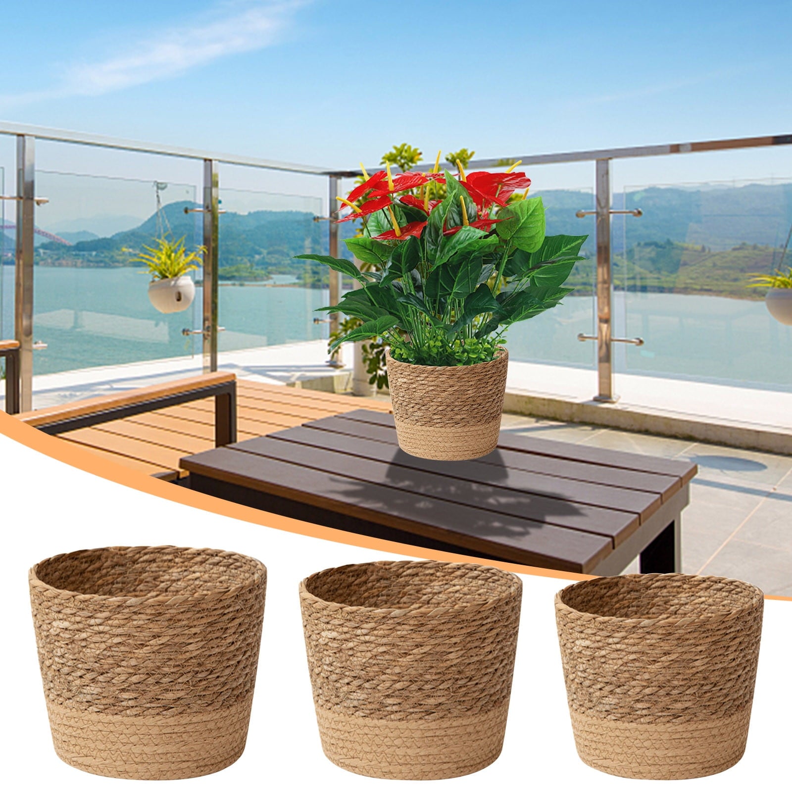 Medium Handwoven Seagrass Planter Basket (Medium - 17.5cm x 12cm) | Lined Boho Plant Pot Cover