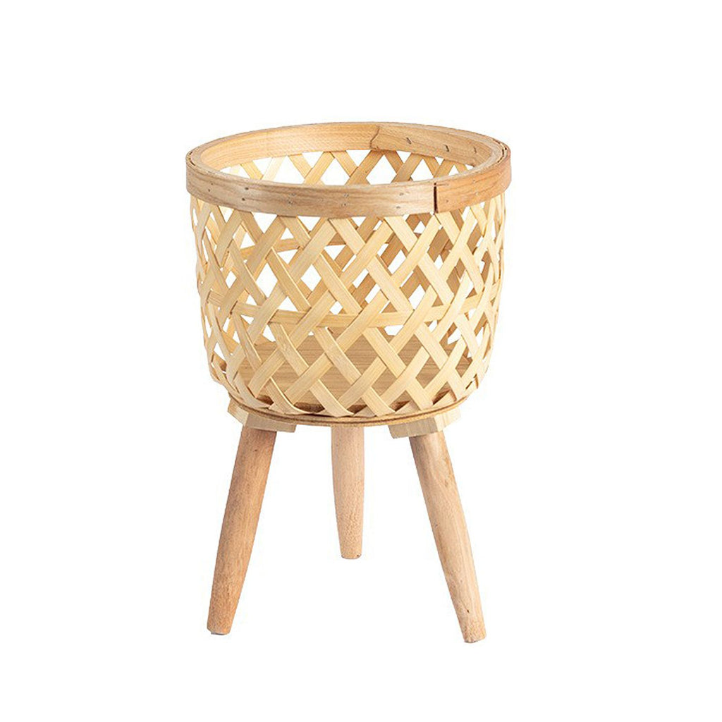 Handwoven Rattan Plant Stand Basket | Standing Wooden Tripod Planter