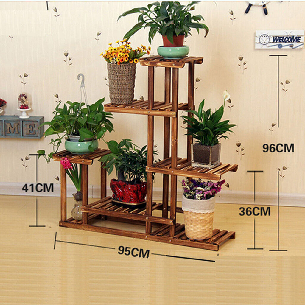 Faux Flora 5-tier wooden plant stand with multiple shelves for displaying artificial plants in home and garden decor.