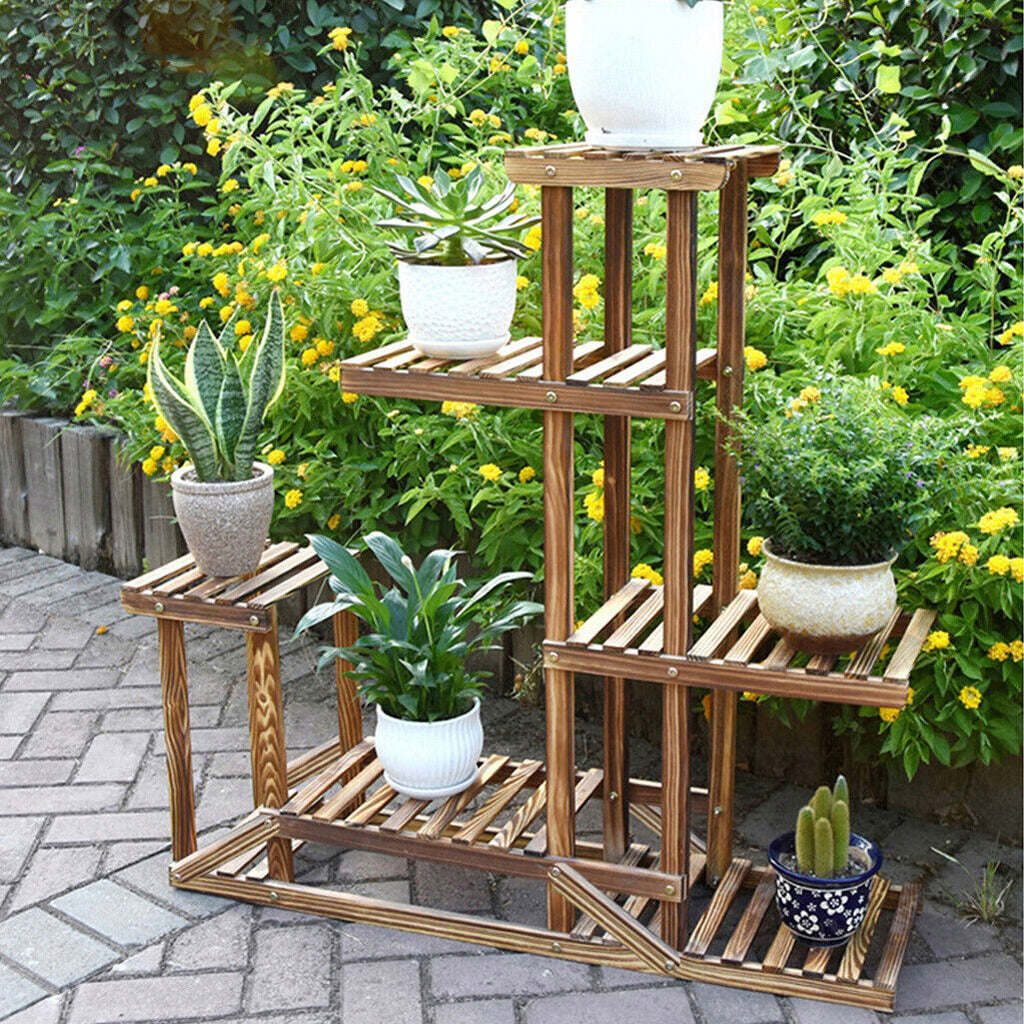 Faux Flora 5-tier wooden plant stand with multiple shelves for displaying artificial or real plants in home or garden spaces.