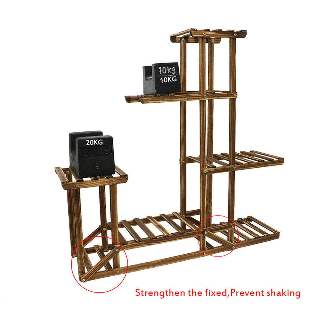 Faux Flora 5-tier wooden plant stand displaying multiple artificial potted plants in a home garden setting.