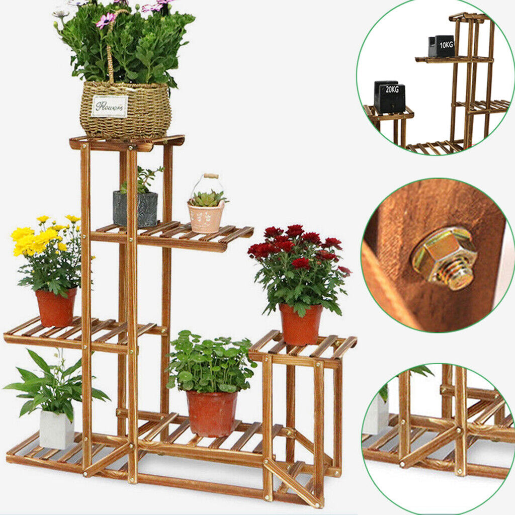 Five-tier wooden plant stand by Faux Flora with multiple shelves for displaying artificial plants in home and garden decor.
