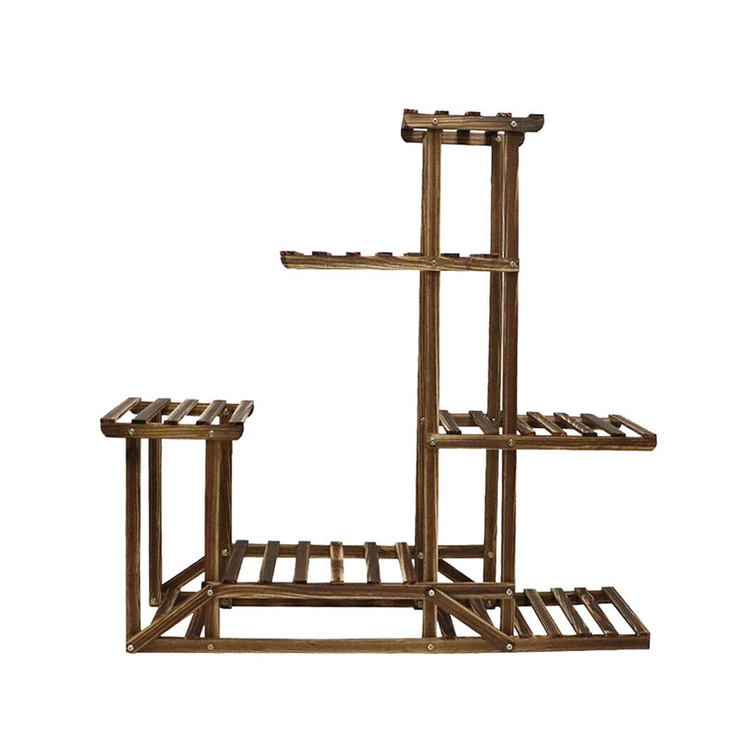 Five-tier wooden plant stand by Faux Flora displaying multiple artificial plants in a home garden setting.