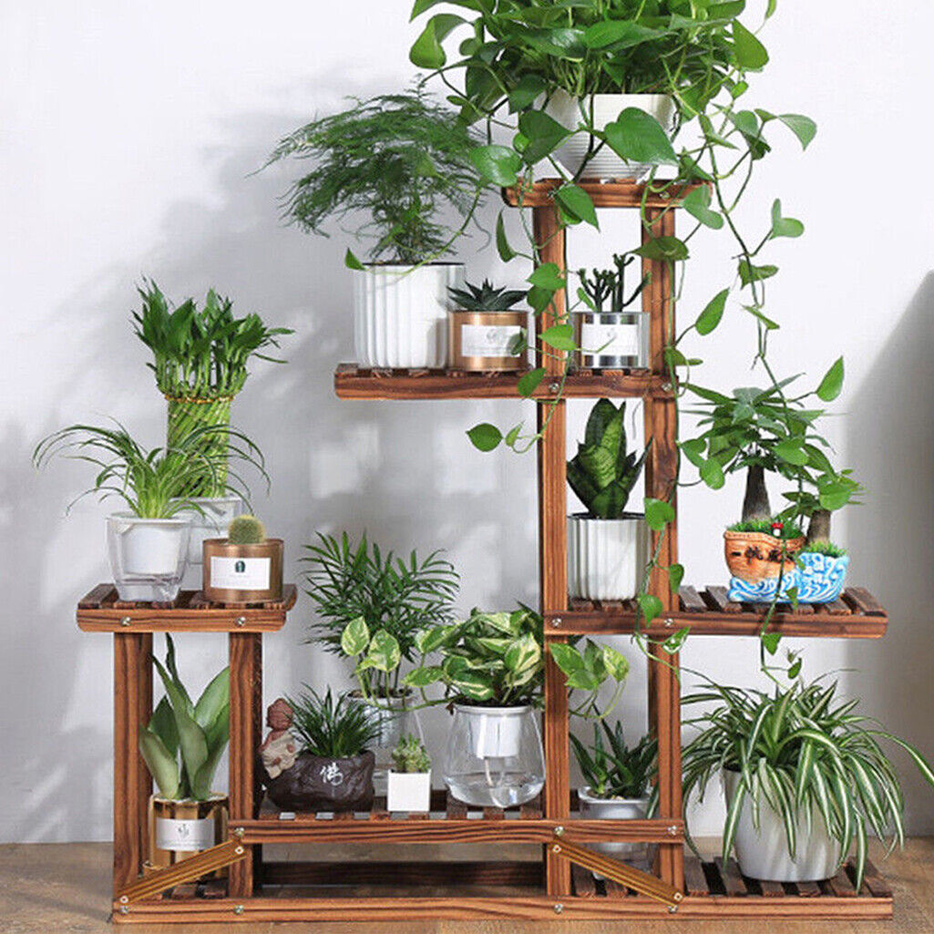Faux Flora 5-tier wooden plant stand with multiple shelves for indoor and outdoor decorative artificial plants.