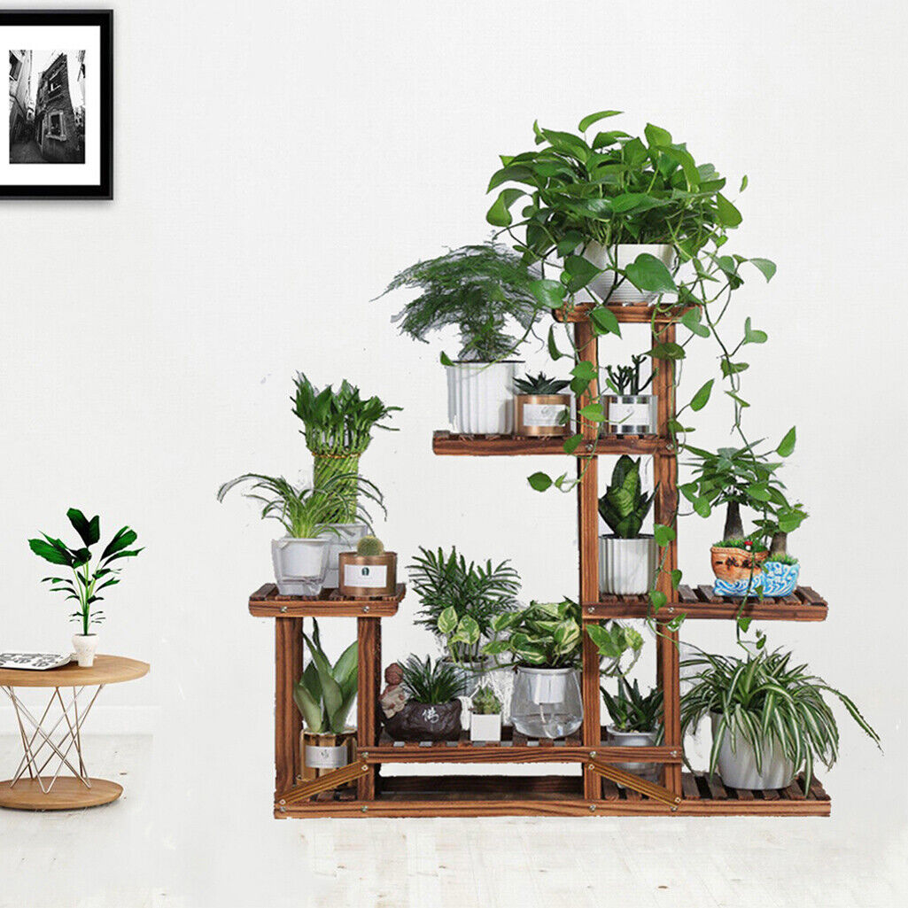 Five-tier wooden plant stand by Faux Flora for displaying artificial plants in home and garden decor.
