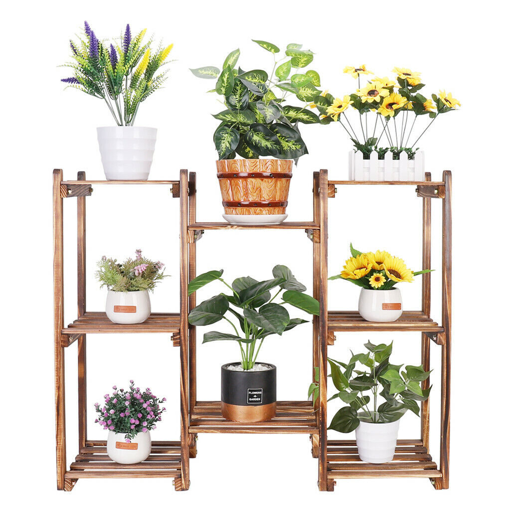 8-tier wooden plant stand by Faux Flora holding various potted artificial plants in a home and garden setting.