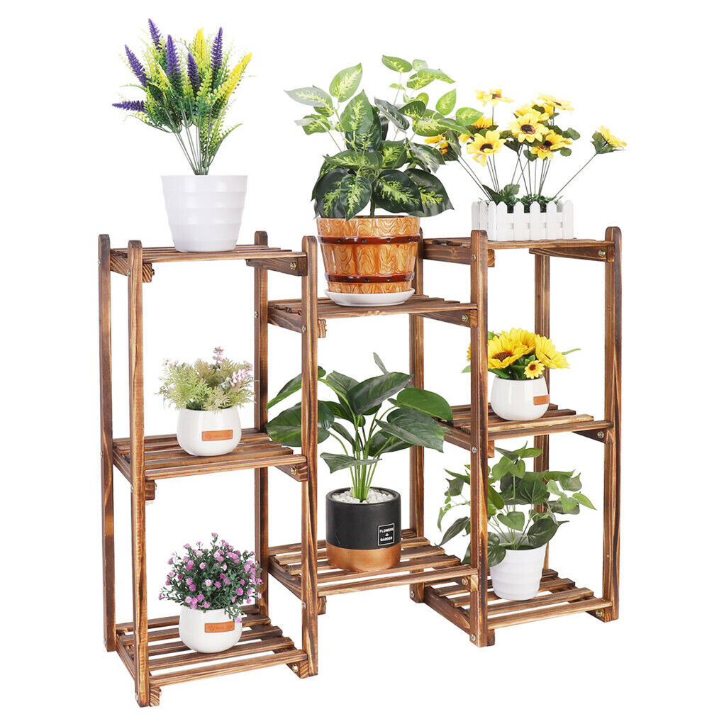 Eight-tier wooden plant stand by Faux Flora displaying multiple potted artificial plants for home and garden decoration.