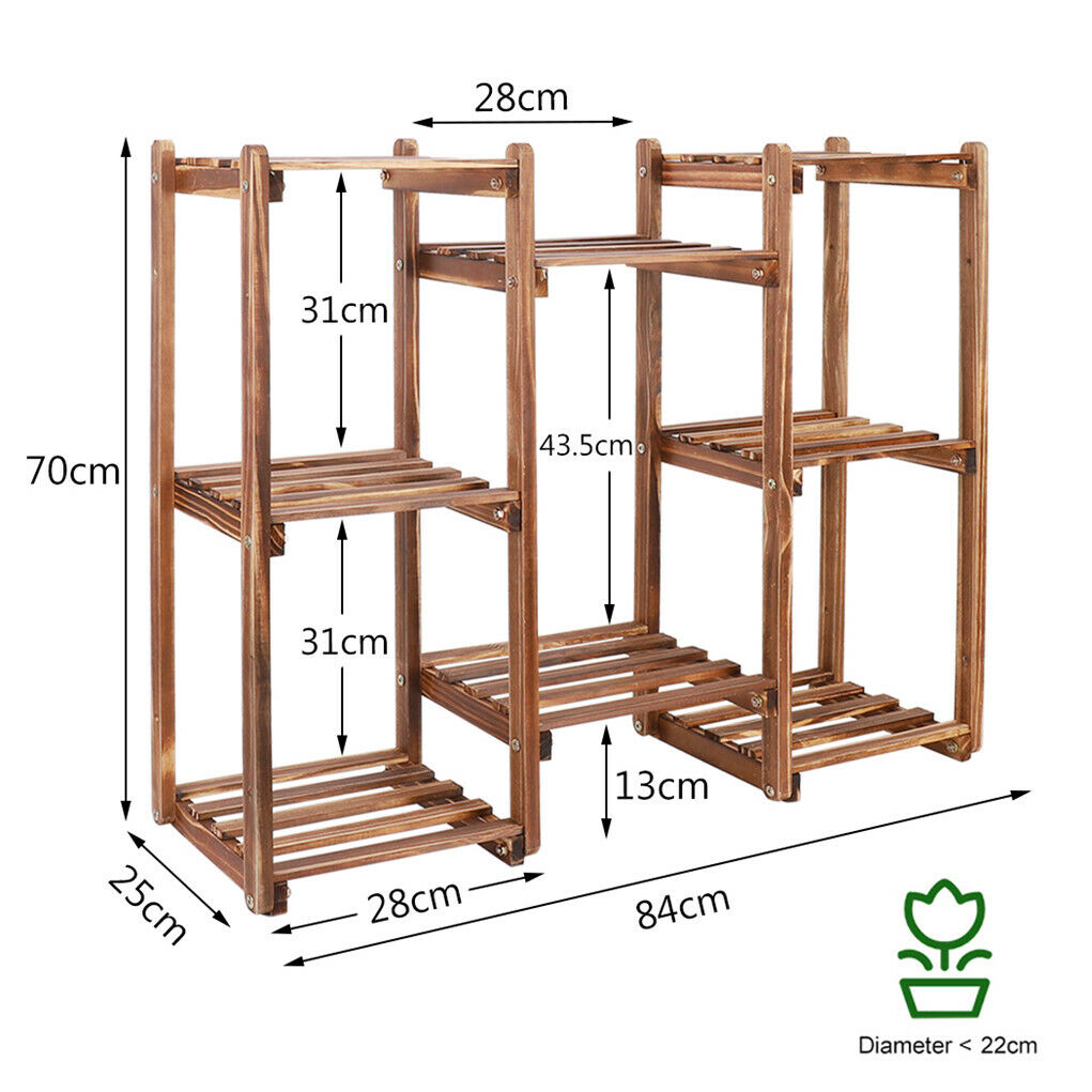 8-tier wooden plant stand by Faux Flora with multiple shelves for displaying artificial plants in home and garden decor.
