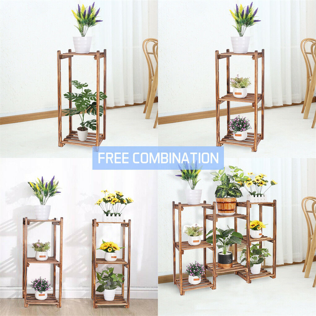8-tier wooden plant stand from Faux Flora with multiple shelves, ideal for displaying artificial plants in home and garden settings.