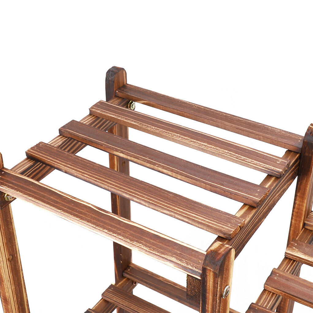 8-tier wooden plant stand by Faux Flora with multiple shelves for displaying artificial plants and garden decor.