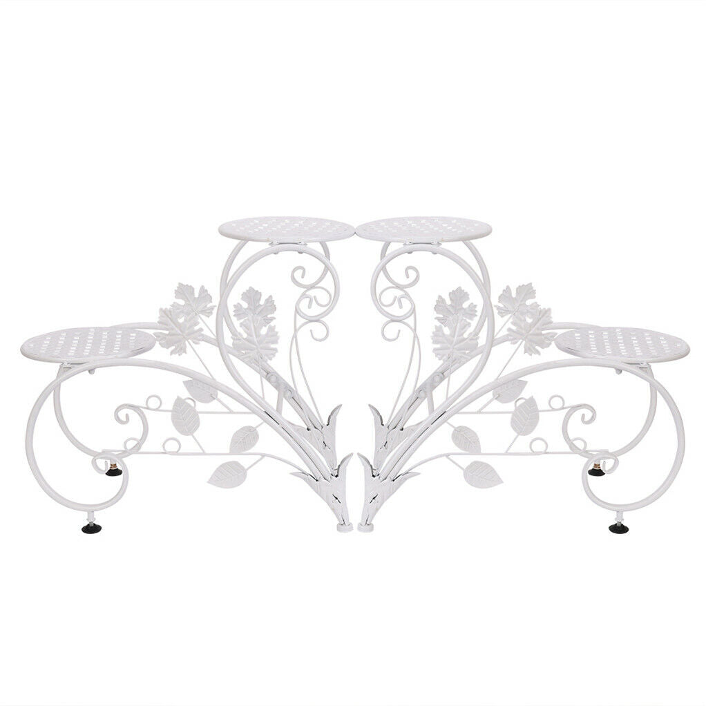 Pair of Faux Flora plant stand shelves with black metal frames and wooden shelves for displaying artificial plants.