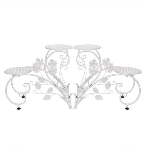 Pair of Faux Flora plant stand shelves with black metal frames and wooden shelves for displaying artificial plants.