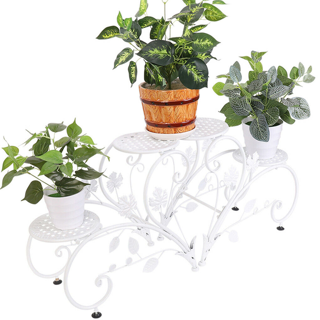 Set of 2 Faux Flora plant stand shelves with modern metal frames and wooden shelves for home and garden decor.