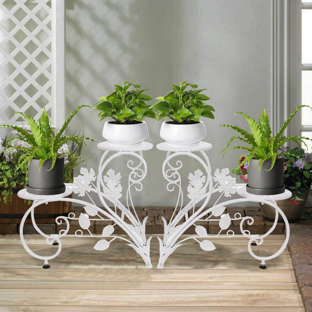 Pair of Faux Flora plant stand shelves with black metal frames and wooden shelves for home and garden decor.