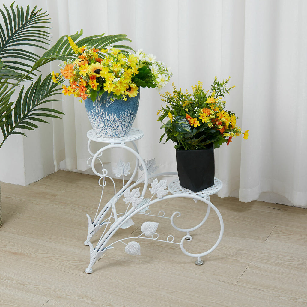 Set of two Faux Flora plant stand shelves with modern wooden design, ideal for displaying artificial plants in home or garden spaces.