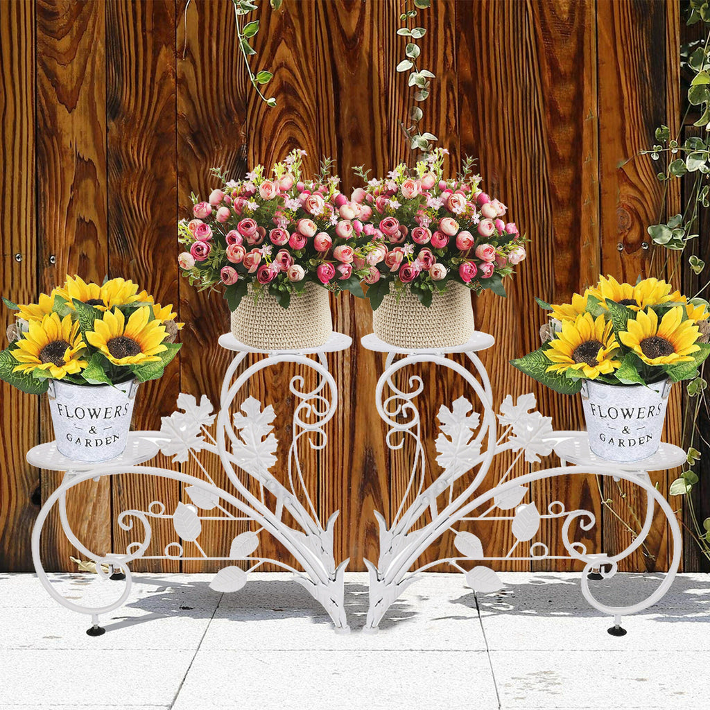 Set of 2 Faux Flora plant stand shelves with modern black metal frames and wooden shelves for home decor and plant display.