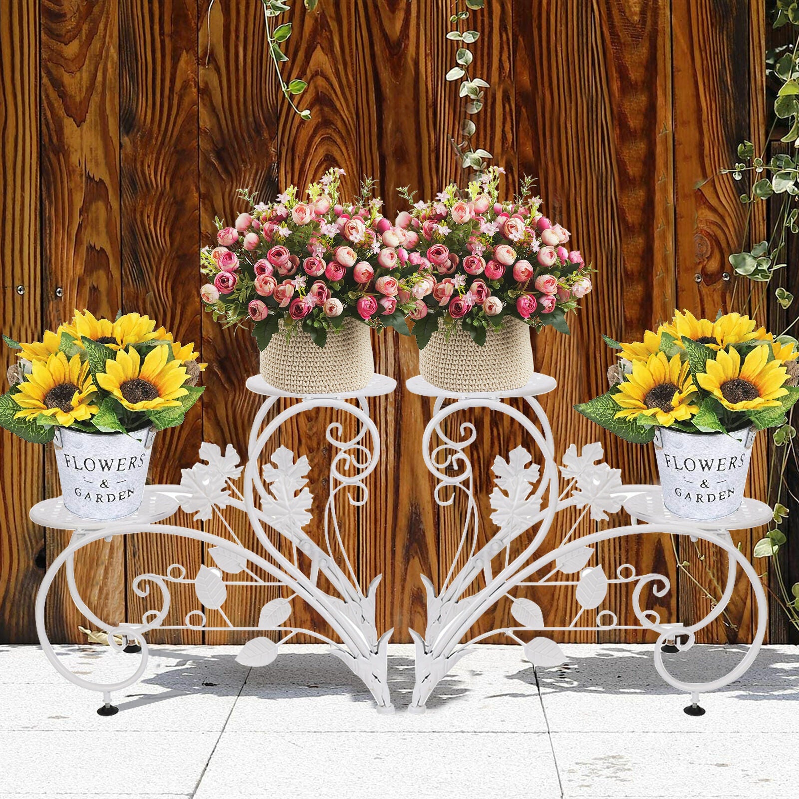 Set of 2 Faux Flora plant stand shelves with modern black metal frames and wooden shelves for home decor and plant display.