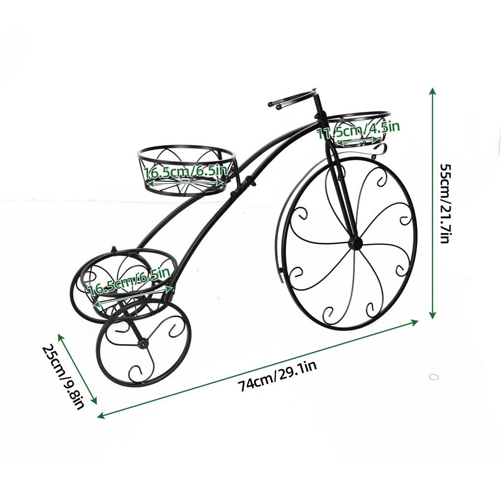 Black iron tricycle plant stand with three pots for artificial plants, designed by Faux Flora for home and garden decor.