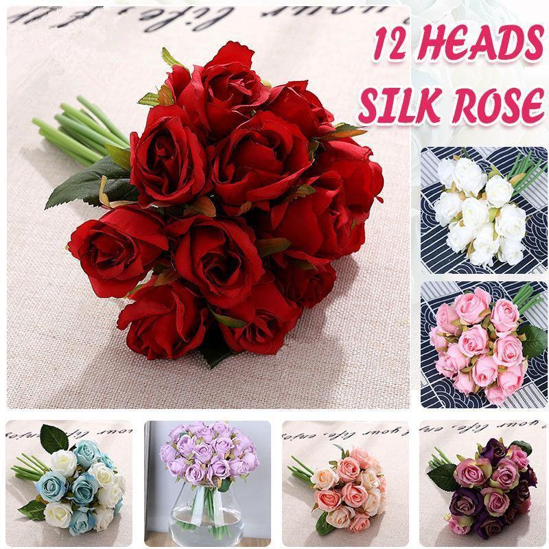Set of twelve white Silk Rose artificial flowers in a bouquet by Faux Flora, perfect for home and garden decor.