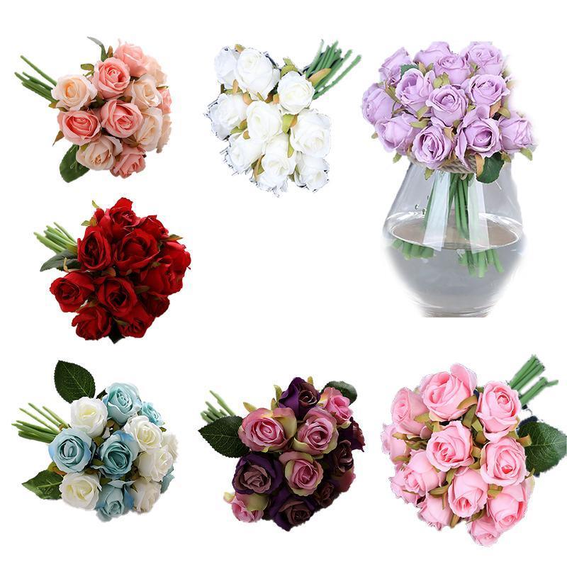Set of twelve white silk rose artificial flowers in a bouquet by Faux Flora, ideal for home and garden décor.