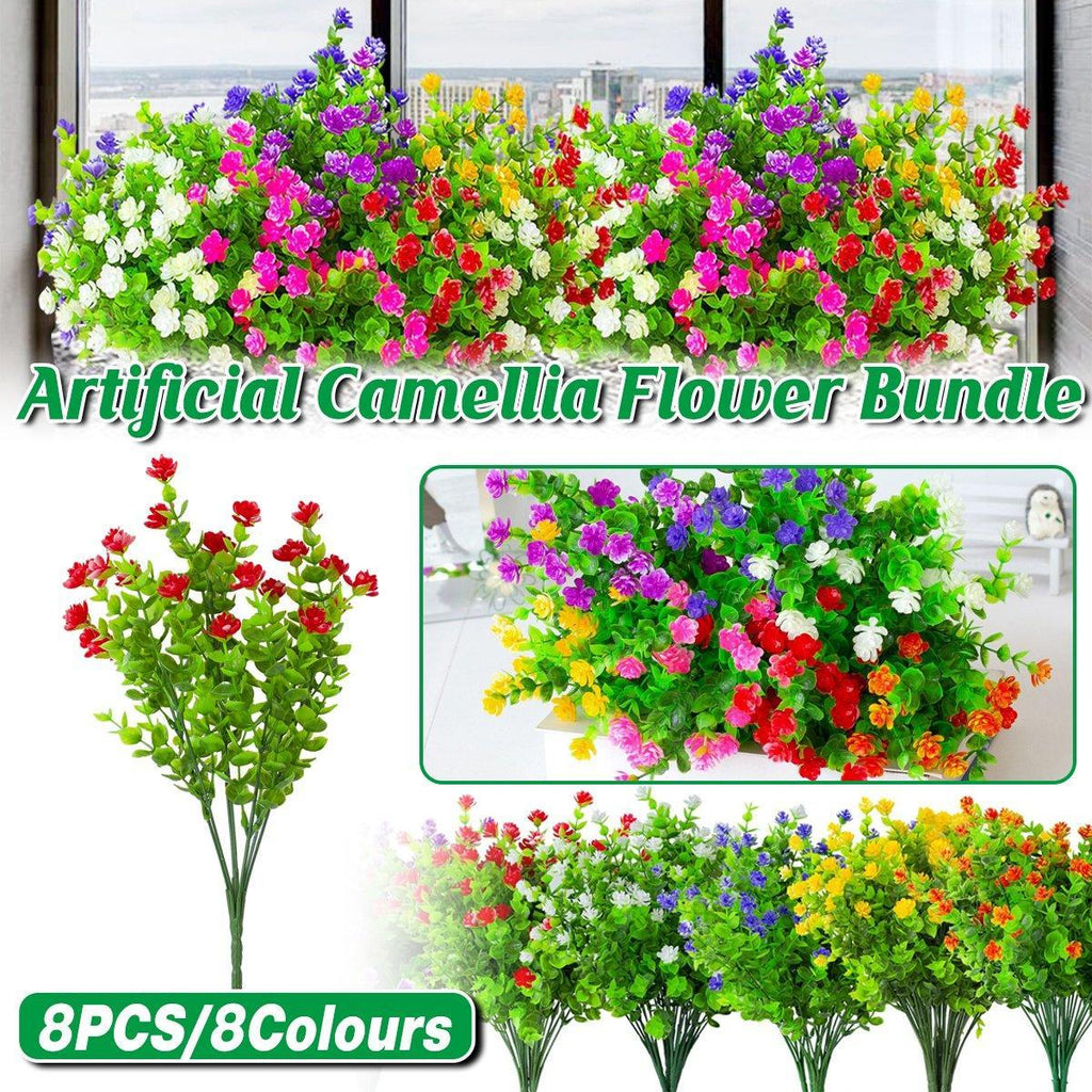 Eight artificial Camellia flowers in a set by Faux Flora, perfect for home and garden decor.