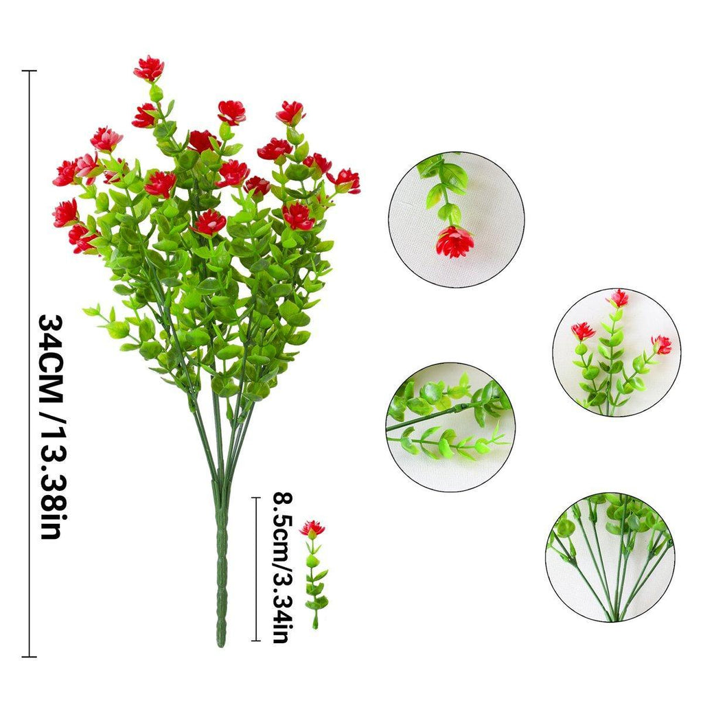 Set of eight Faux Flora artificial Camellia flowers with eucalyptus leaves, ideal for home or garden decor.