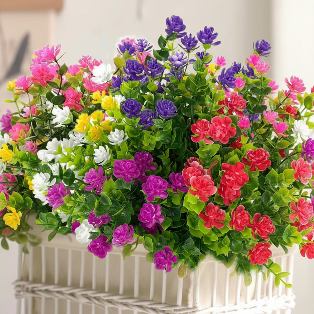 Colorful artificial flowers in a pot with a blurred background