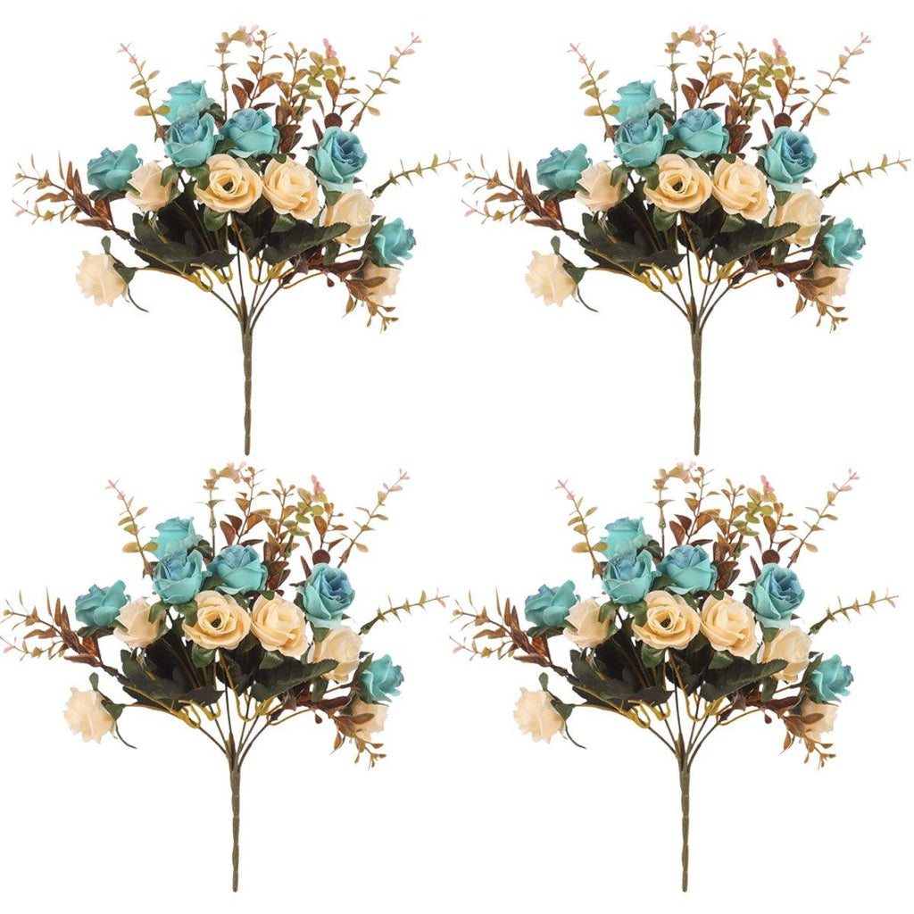 Set of four light blue artificial silk flowers from Faux Flora, perfect for home and garden decor.