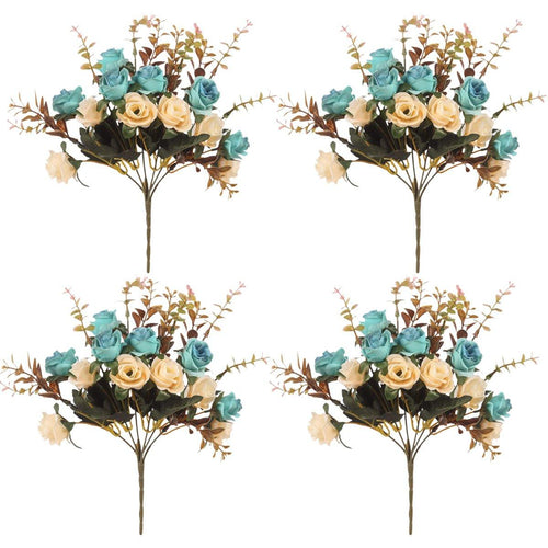 Set of four light blue artificial silk flowers from Faux Flora, perfect for home and garden decor.